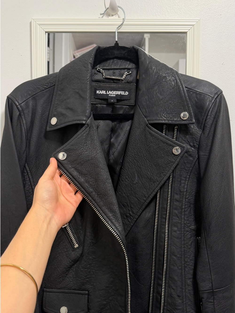 Karl Lagerfeld Black Leather Biker Jacket with Silver Hardware